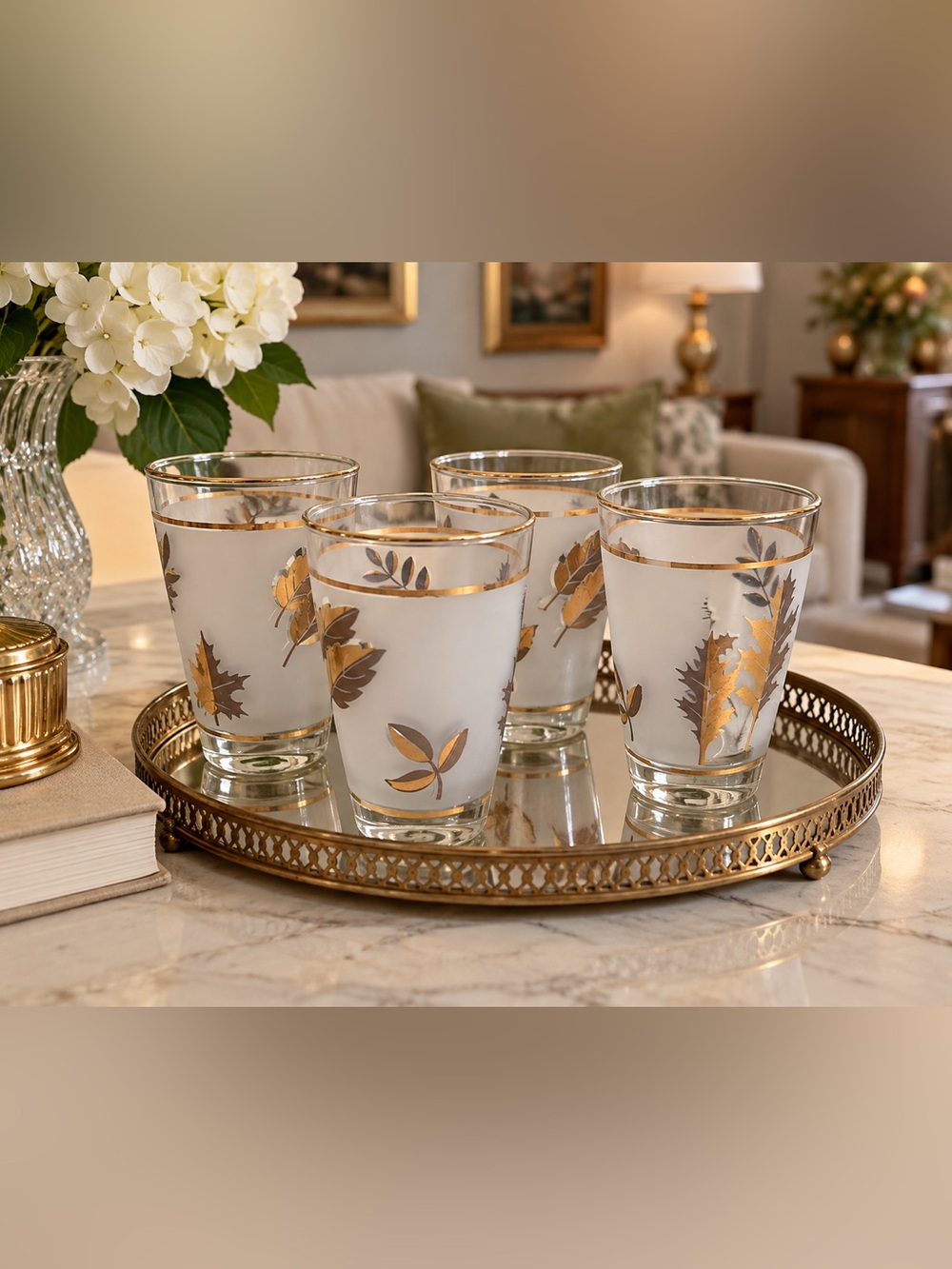 Vintage Libbey 22k Gold Frosted Leaf Drinking Glasses 1960's Set of 4
